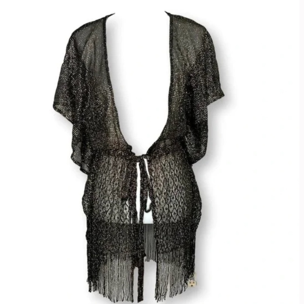 NWOT Victoria's Secret Black and Gold Knit Coverup with tie and fringed hem - XS